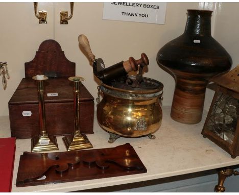 A pair of 18th century brass candlesticks, a Victorian yew wood book trough, a Georgian mahogany candle box, brass jardiniere