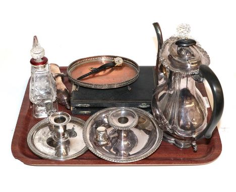 A tray of plated wares, including chamber sticks and a silver and enamel mounted scent bottle etc