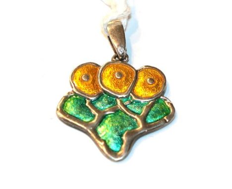 A silver Charles Horner enamel pendant, enamelled in green and yellow, measures 3.1cm by 2.3cm .  Gross weight 4.8 grams. 