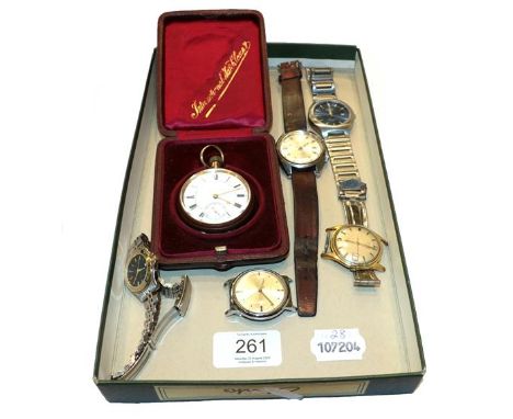 A gold plated pocket watch, lady's bi-metal Accurist wristwatch, electric Timex wristwatch, plated automatic Avia wristwatch,