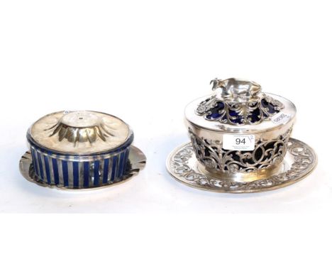 An Old Sheffield plated butter-dish, stand and cover, with silver finial, the dishes and stands apparently unmarked, the fini