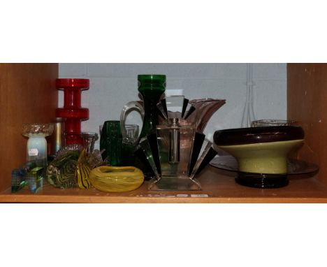 A selection of 20th Century Studio glass including an Art Deco style glass display bottle, a black and white flared vase etc