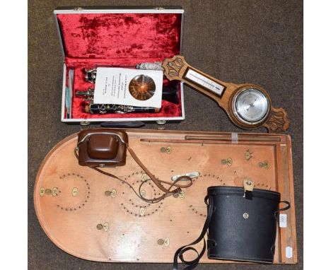 Boosey &amp; Hawkes Clarinet, pocket knife 'US Arm Air Corps Maxwell Field Montgomery, ALA', oak barometer, Bagatelle board, 