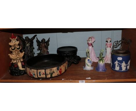 A selection of ceramics including two Coalport figures ''Summer Stroll'', ''Ladies of Fashion'', boxed, two Romantic fairies,