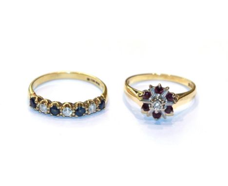 An 18 carat gold sapphire and diamond seven stone ring, finger size Q; and an 18 carat gold ruby and diamond cluster ring, fi