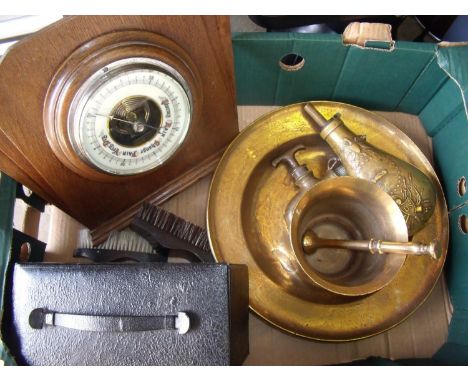 Large brass charger, pestle &amp; mortar, powder flask, barometer etc in one box 