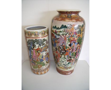 Large Japanese Satsuma ware floor vase (61cm high) and a similar stick stand (2) 