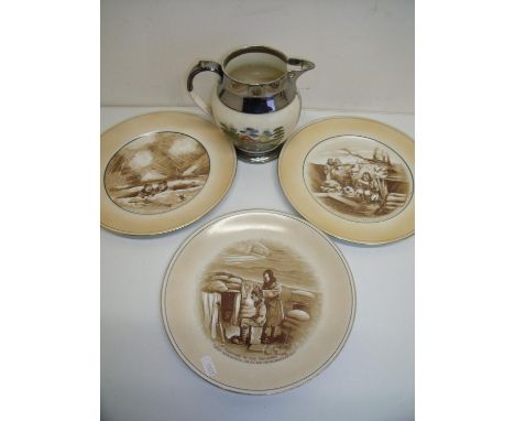 Victorian Farmers Arms Motto Ware jug and three Grimwades Mementoes of The Great War Barn Father print plates (4) 