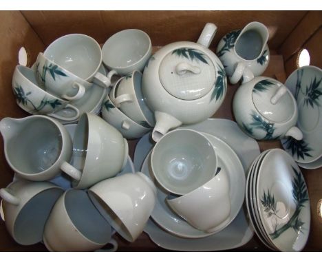 Spode Flemish green part tea service and a Japanese bamboo design tea service in one box 