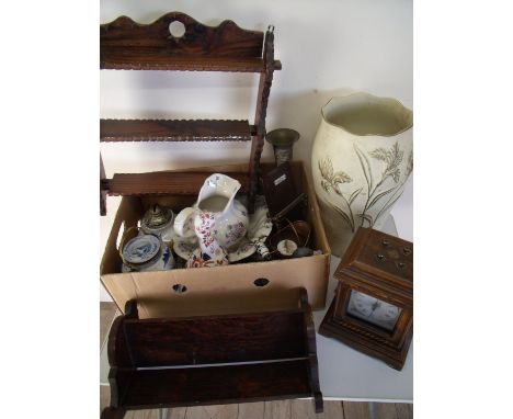 Carved wooden three tier wall shelf, an antique style clock, jewellery cabinet, vintage tie press, oriental ceramics, wash bo