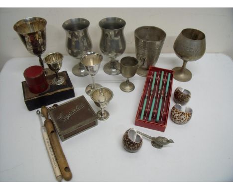 Large selection of assorted silver plated goblets, brassware and other items in one box including floating dairy thermometer 