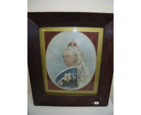 Large framed coloured print portrait of Queen Victoria with gilt slip and heavy frame (63cm x 73cm) 