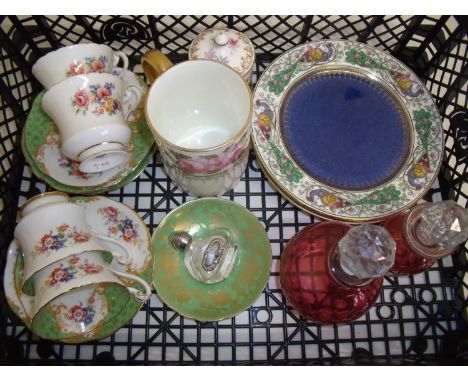 Three Wedgwood side plates, Crown Staffordshire trinket dish, cranberry glass scent bottles, cabinet cups &amp; saucers etc 