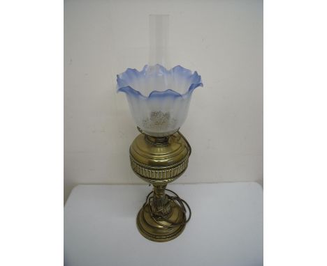 Early 20th C copper oil lamp with etched glass blue tinted shade 