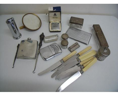 Selection of various plated items including a hip flask, table lighters, various dressing table jars, cutlery, a box &amp; ca