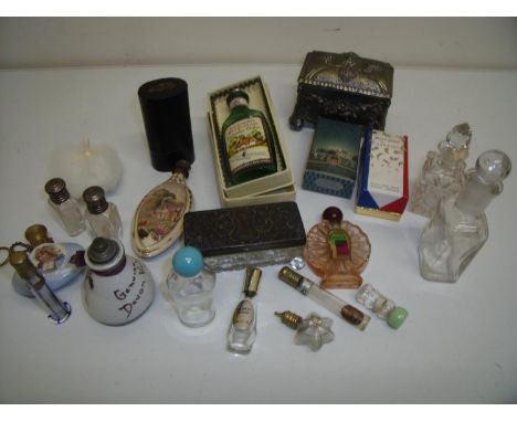 Selection of ceramic and glass scent bottles, dressing tables boxes etc 