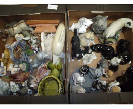 Large selection of various decorative ceramic and other animal figures in two boxes including cats, dolphins, donkeys etc 