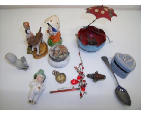 Selection of various shirt studs, a fob compass, silver hallmarked teaspoon, figure of a bird, various decorative ceramics, f