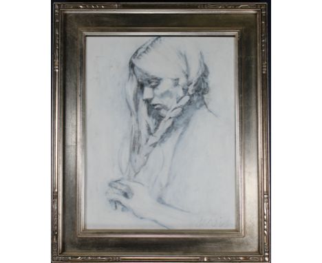 D.J. Davis Vintage Portrait of a Woman. Oil on board. With artist biography verso. Signed lower right. Sight Size: 13.5 x 10.