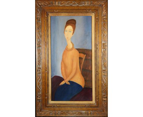 After Modigliani, 20th C. Portrait of a Woman. Oil on canvas. Appears to be unsigned. Sight size: 23 x 11 inches.