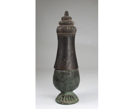 Antique Bronze Covered Container. Height: 9.5 in.