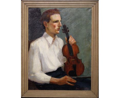 1936, Signed American School Portrait of Man with Violin. Signed "D...Fowler" and dated lower right. Oil on canvas, American 