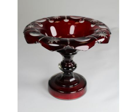 Ruby Cut-to-Clear Glass Compote. Height: 5.75 in.