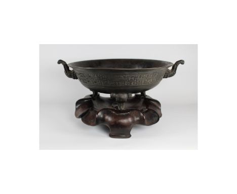 An archaistis Bronze Twin Handled Bronze Tripod Censer. Qing Dynasty, 18th Century. Compressed globular form supported on thr