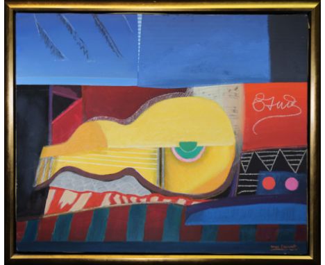 Max Papart (France, 1911-1994) large cubist oil on canvas 'Playing Guitar'. Signed lower right. Titled and dated 1988 verso. 