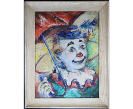 Signed, Vintage Portrait of a Clown. Oil on board. Signed lower right. Sight Size: 23 x 17 in. Overall Size: 28.5 x 22.5 in.