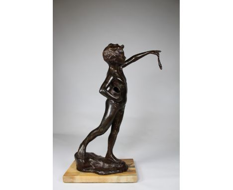Gaetano De Martini (1840 - 1917) Bronze Boy w/ Fish. Inscribed near base. Total Height: 15.5 inches.