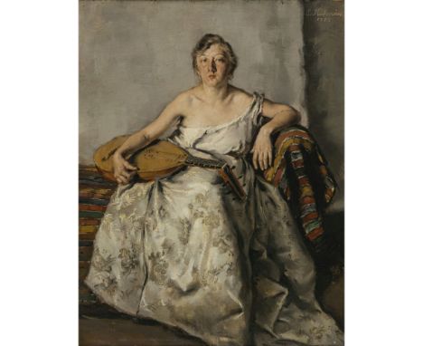 Péter Kálmán1877 Zsablya (Ungarn) - 1948 Nußdorf/InnDamenbildnis mit LauteIn weißem Kleid auf einer mit Decken ausgelegten Re