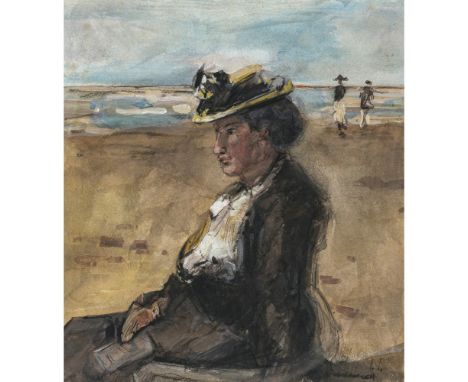 Monogrammist H.H.Ende 19. Jh.Dame am StrandIm Vordergrund Dame mit weißem Hut sitzend im Profil, im Hintergrund zwei Herren r