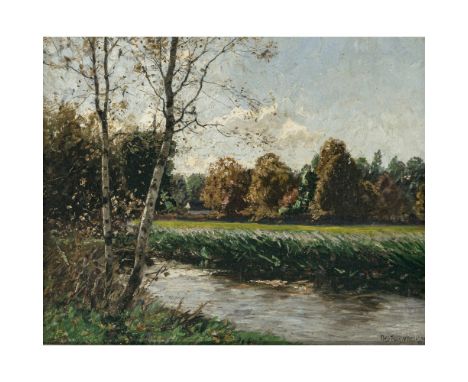 Peter Paul Müller1853 Berlin - 1930 GautingLandschaft mit Bach und BirkeR. u. signiert und (18)90 datiert. Rücks. Ausschnitt 