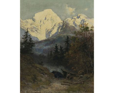 Ludwig Correggio1846 München - 1920 ebendaGebirgslandschaftIm Vordergrund an einer Hütte zwei Jäger. R. u. signiert. Rücks. m