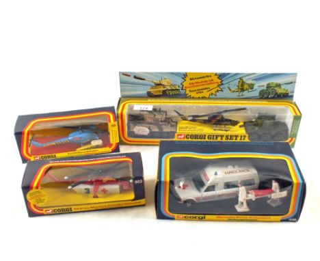 Four window boxed Corgi models, No.406 Mercedes Bonna Ambulance, gift set No.17 Army and aircraft, No.922 Sikorsky Skycrane c