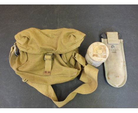 A 1944 dated USA signal satchel with 1942 dated wire cutters and signal cords lamp