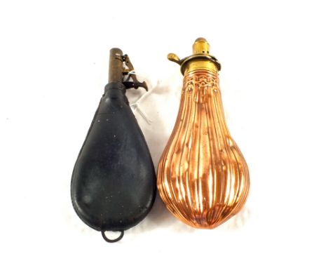 A Copper powder by Hawksley (spring missing) with a leather shot flask