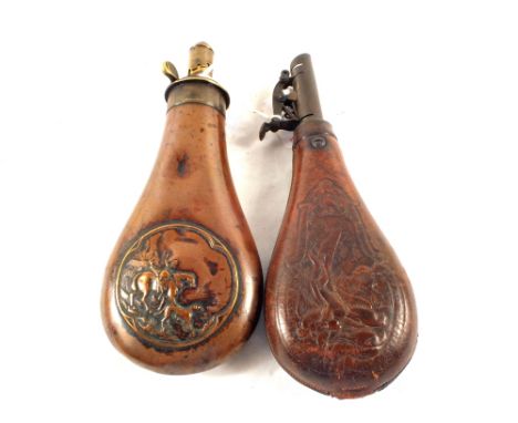 A Copper powder flask by James Dixon with an embossed leather shot flask