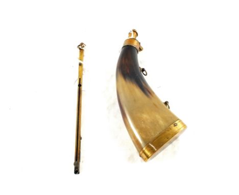 A horn and Brass powder flask with a vintage Brass 'in line capper'