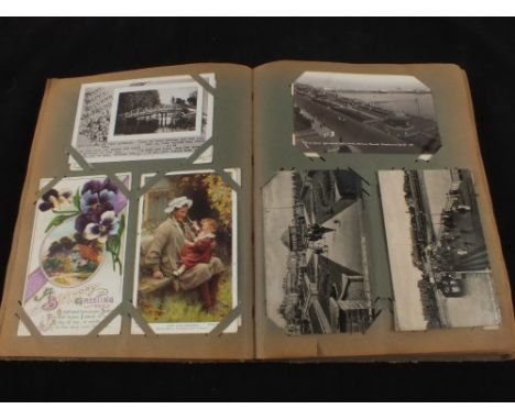 A postcard album including RP Woolwich Free Ferry, I.O.M. SS Meneva and various topographical etc cards