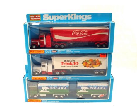 Three Matchbox Superkings window boxed lorries, two K-31 and one K-21