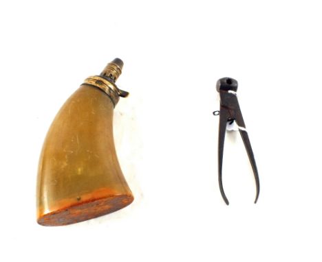 A horn powder flask with wooden base with a bullet mould (40 bore)