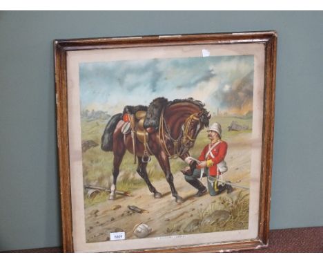 A coloured print "A Wounded Comrade", framed and glazed