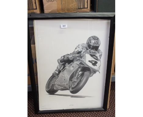 Signed Steve Whyman, Carl Fogarty motor cycle print and two other prints
