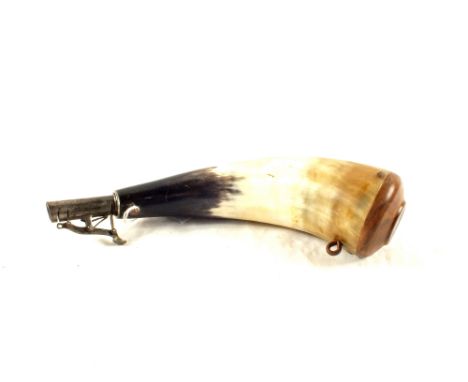 A horn shot flask with an 1806 dated coin set within the wooden base
