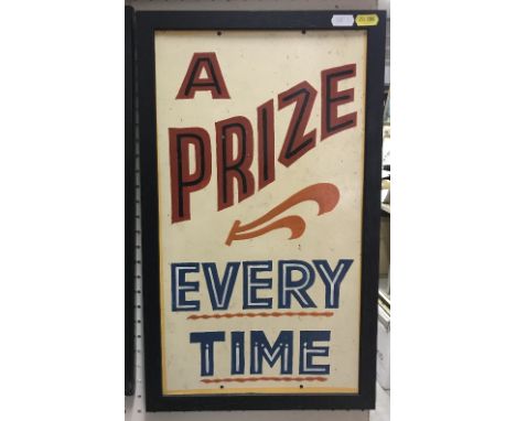 "A Prize Every Time" a pair of vintage fairground signs, handpainted on wood, together with various photographs and prints
