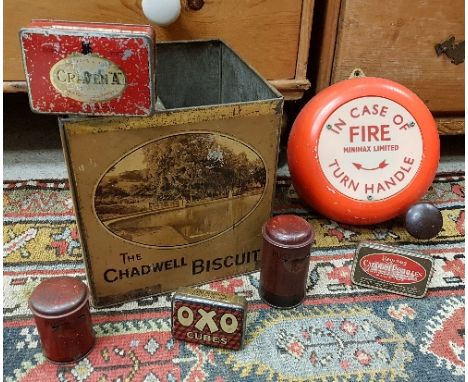 A collection of various printed decorated tins including Chadwell Biscuit shop tin, Oxo cube tin, Craven A tobacco tins, Caps