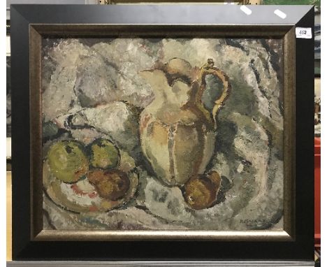 A MACKAY "Still Life with Jug and Fruit" oil on board, signed lower right, approximately 40 cm x 49.5 cm, together with 20TH 