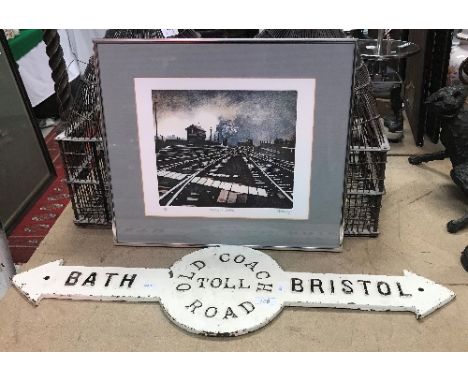A vintage painted metal coach toll sign inscribed "Bath and Bristol Old Coach Road Toll", together with AFTER PETER BUNIDGE "